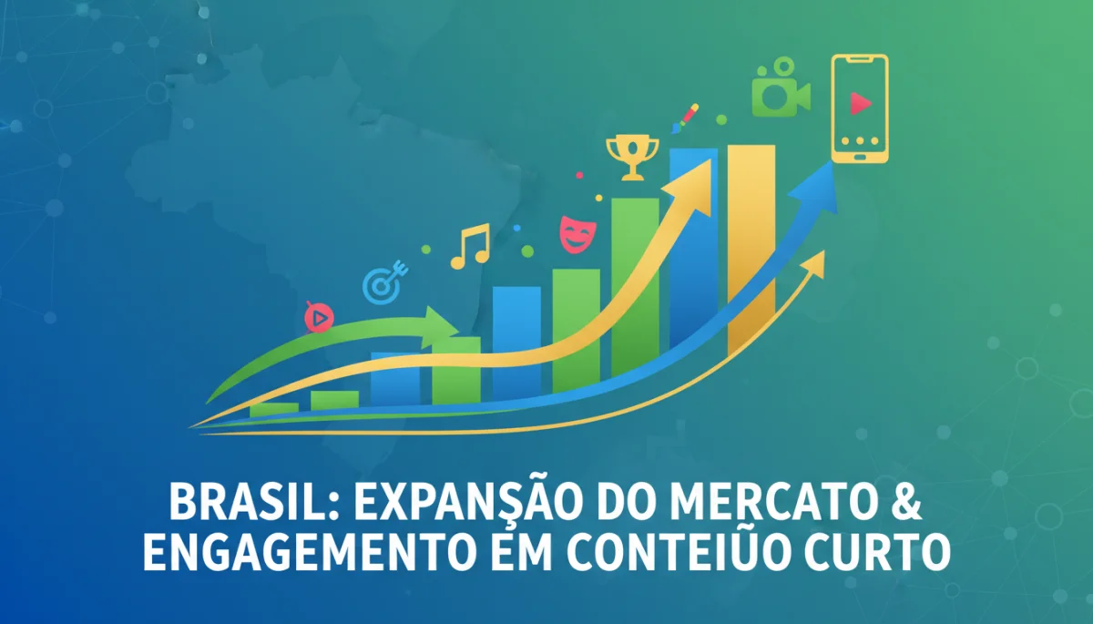 Gráfico de tendências de mercado com setas para cima e ícones de plataformas de streaming, indicando o crescimento do consumo de minidramas no Brasil.