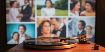Um toca-discos vintage com um disco de vinil girando, com a luz suave refletindo em minidramas brasileiros desfocados ao fundo, simbolizando a união da música e da narrativa visual.