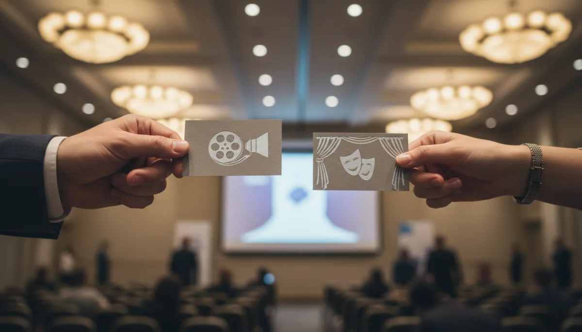 Mãos trocando cartões de visita durante um evento de networking, simbolizando novas conexões profissionais.
